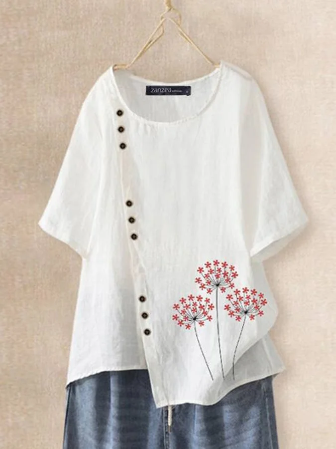 Women's Round Neck Button Down Floral Design Casual Cotton And Linen Shirt