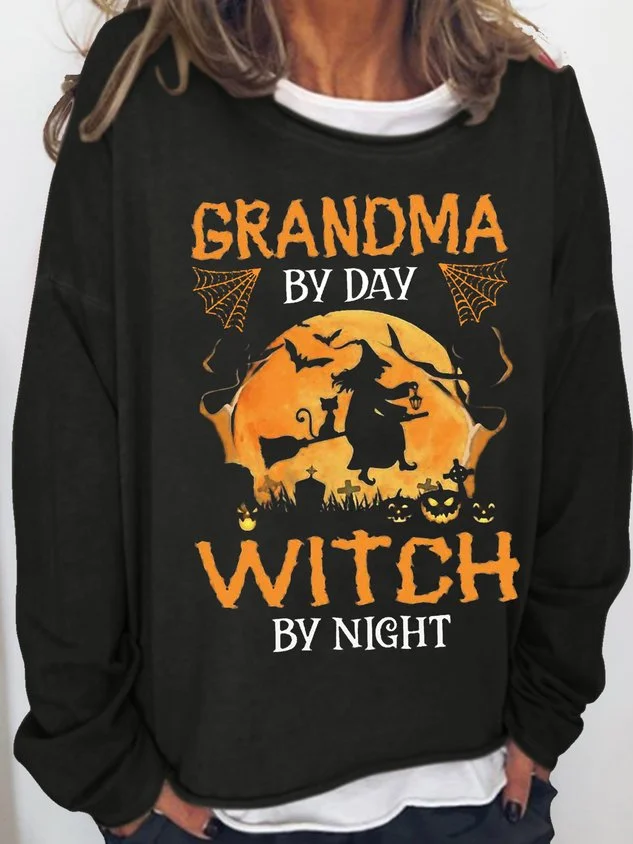 Women's Grandma my day Witch by night Halloween Letters Casual Crew Neck Sweatshirt socialshop