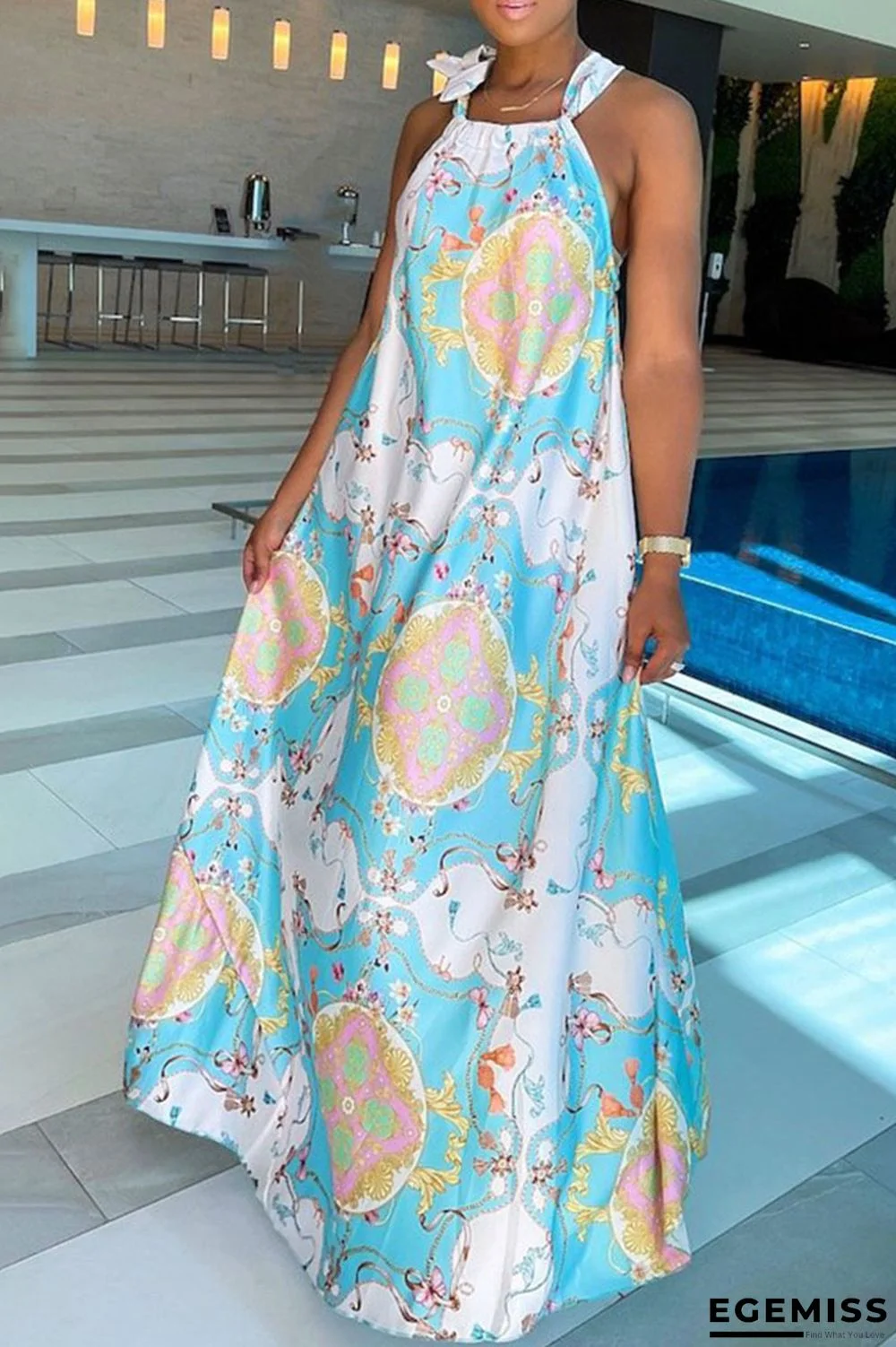 Blue Casual Sweet Print Patchwork Spaghetti Strap Straight Dresses | EGEMISS