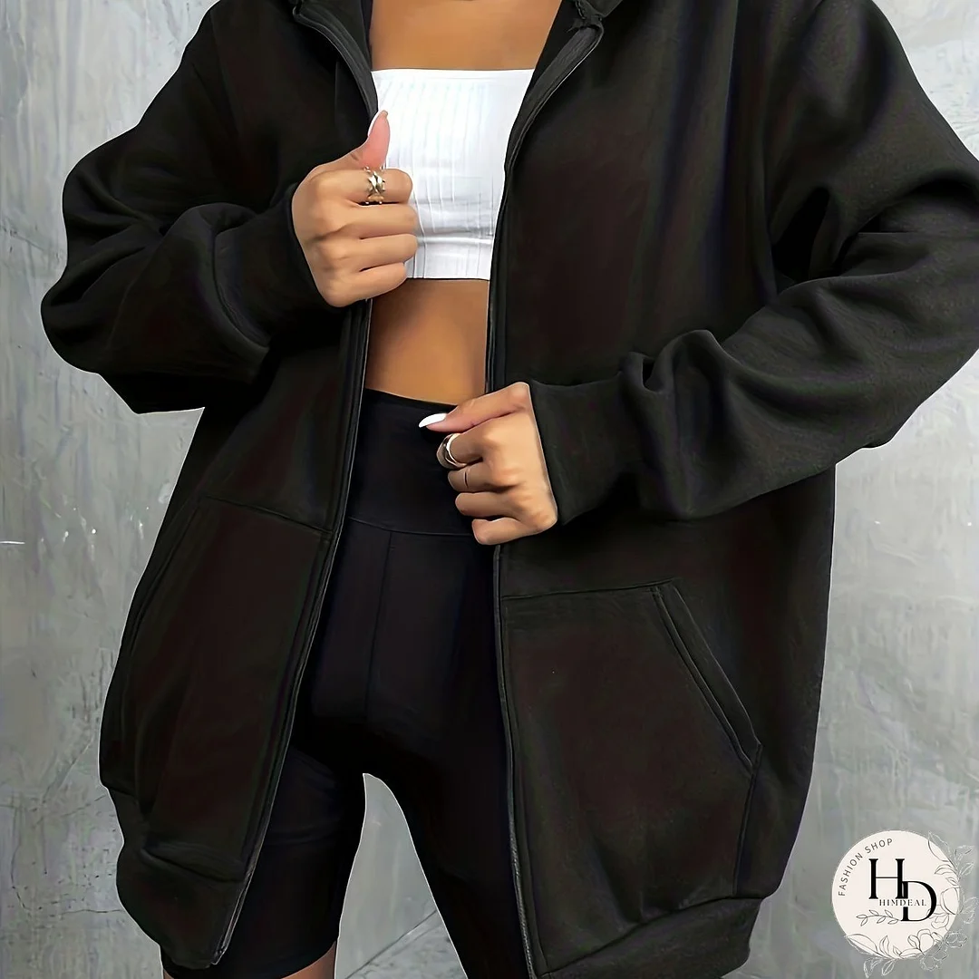 Solid Zip Up Oversized Hoodie, Casual Long Sleeve Pocket Hoodies Sweatshirt, Women's Clothing
