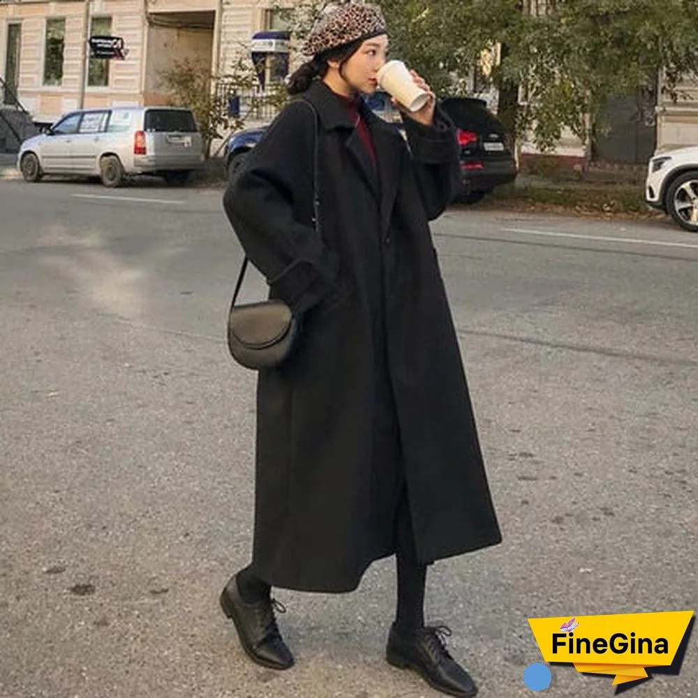 Autumn Winter New Woolen Coat Women Korean Plus Size Black Wild Wool Jacket Female Fashion Long Loose Ladies Overcoat