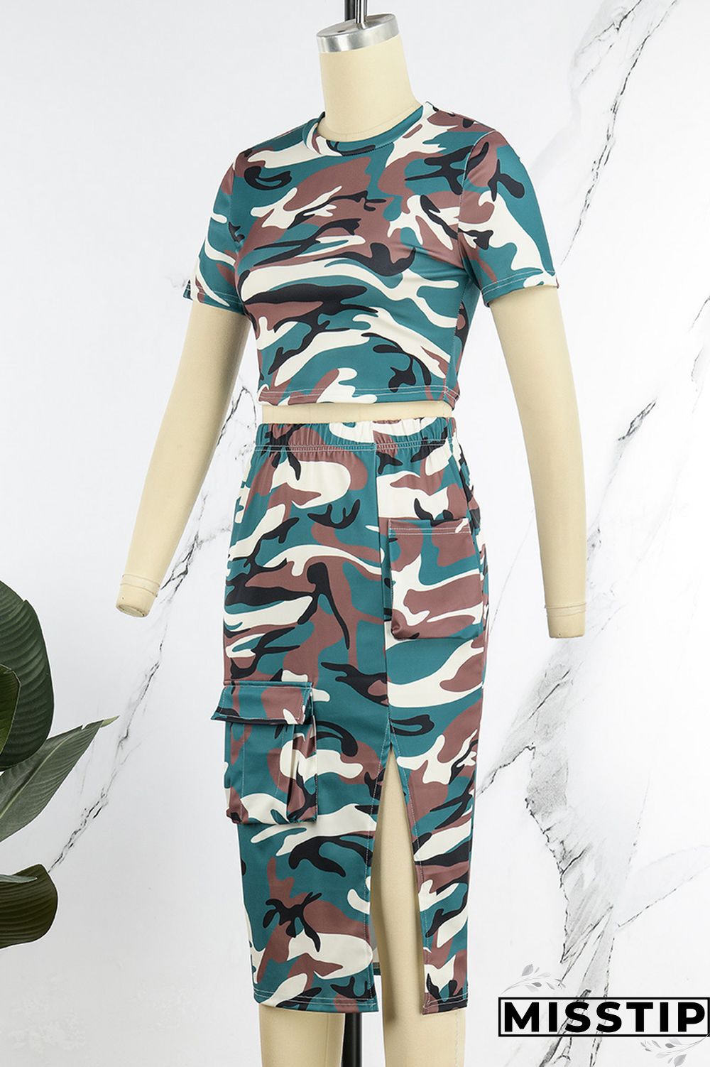 Coffee Casual Print Patchwork Slit O Neck Short Sleeve Two Pieces