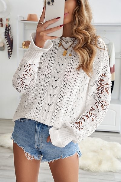 Women's Casual Lace Long Sleeve Sweaters Crewneck See-through Hollow Out Solid Color Pullover Tops - Shop Trendy Women's Fashion | TeeYours