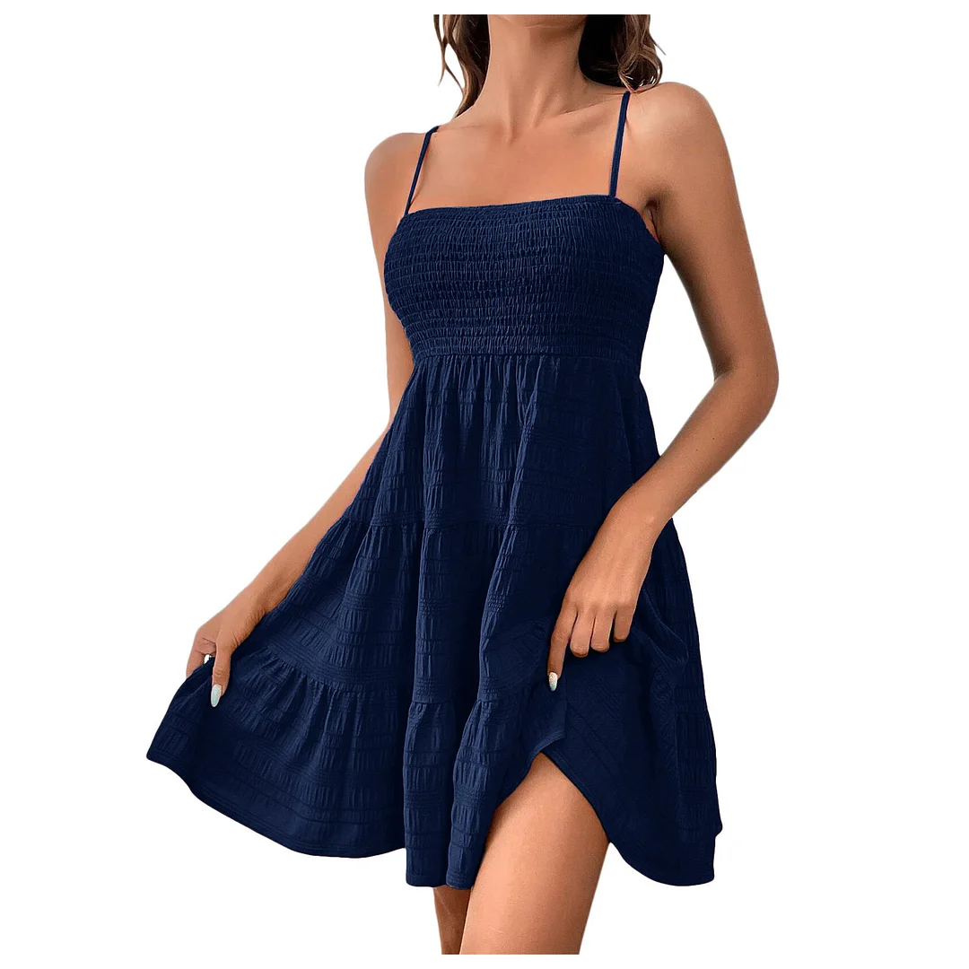 Women's Bohemian Beach Style Sleeveless Backless Big Swing Solid Spaghetti Strap Ruffles Dress 