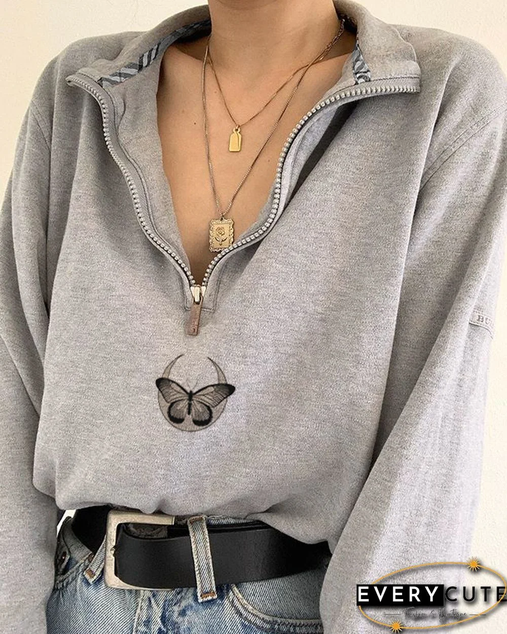 Colorblock Butterfly Moon Print All-Match Casual Sweater