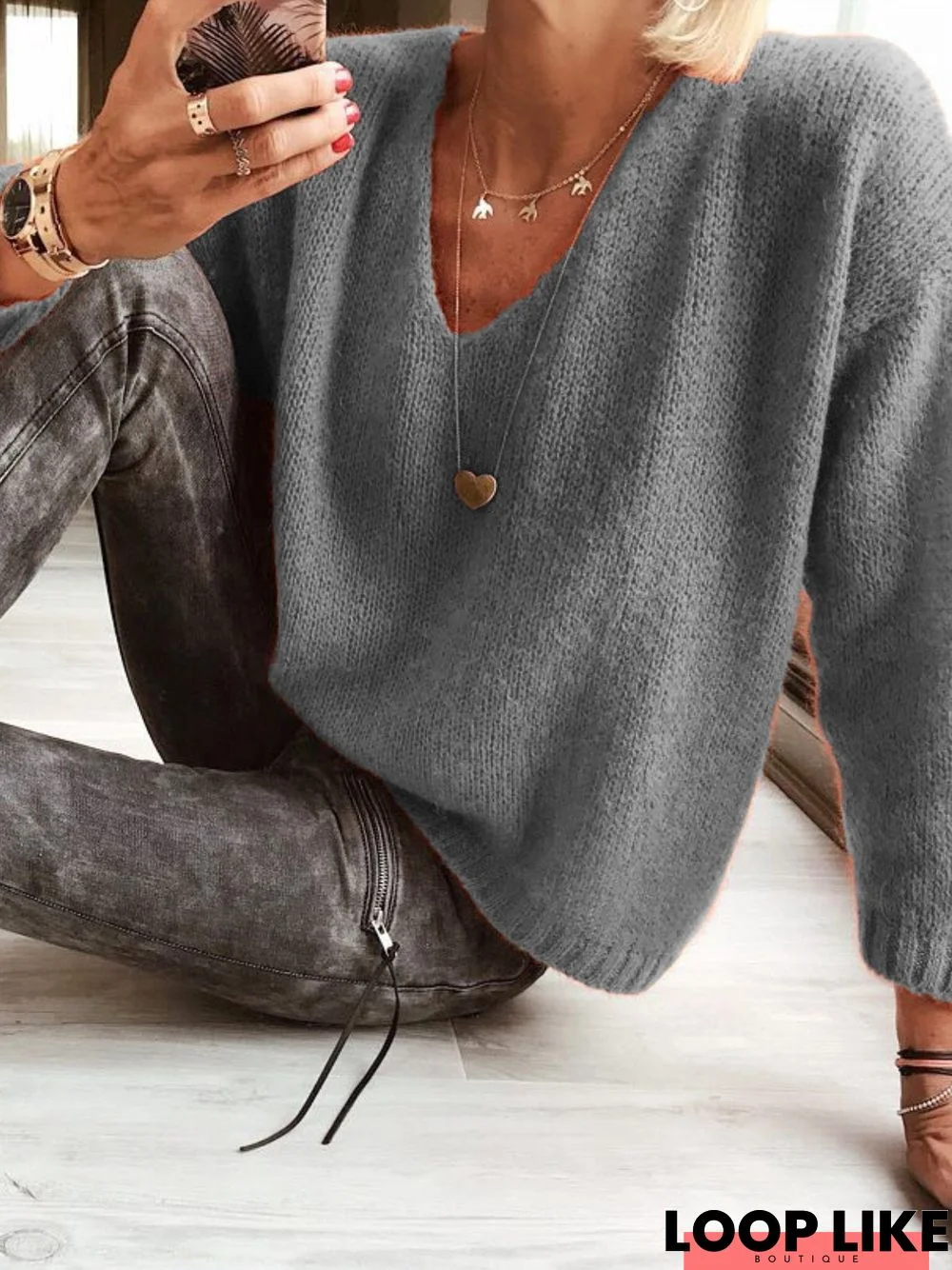 Woman Wool Blend Casual V Neck Plain Sweater