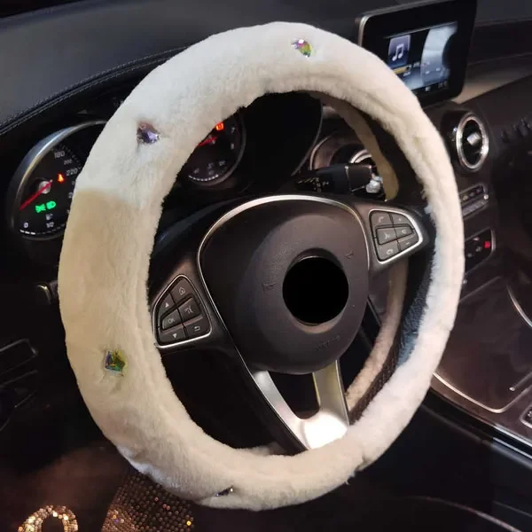 New Fuzzy Steering Wheel Cover with Crystals for Women Interior Decor White Grey Black 38cm Fits Most Warm Winter Design