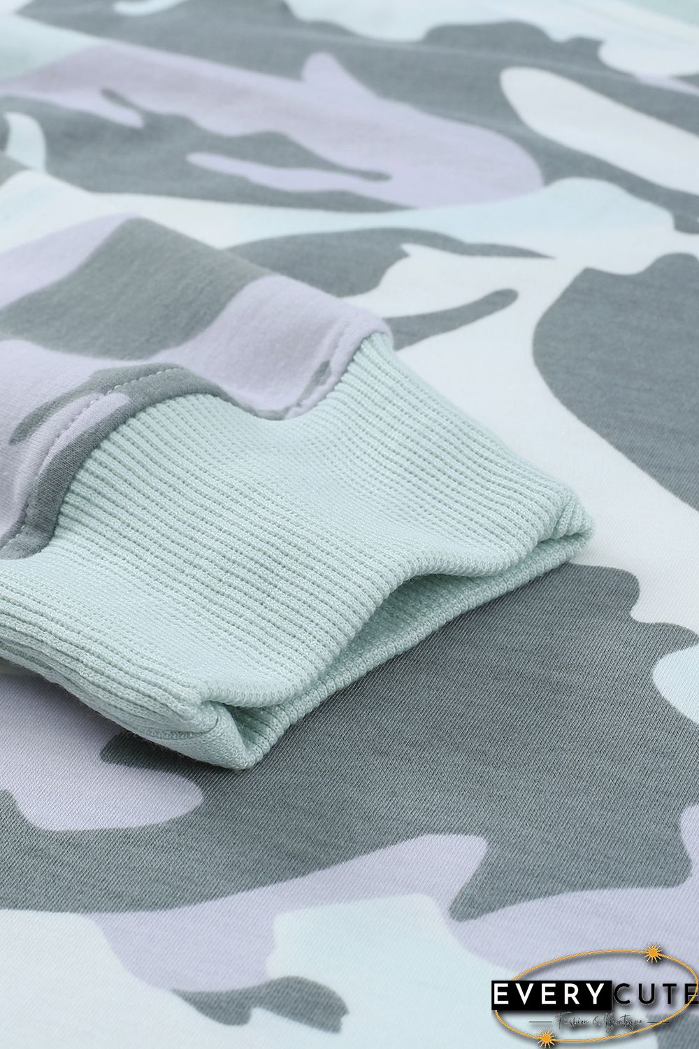 Light Green Camouflage Pullover Sweatshirt with Slits