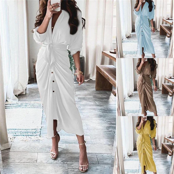 Women's Fashion Summer Long Sleeve V-Neck Button Print Dress Long Skirt
