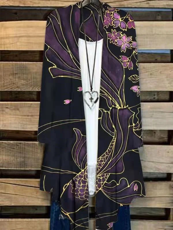 Women's Long Sleeve Casual Top Floral Printed Colorblock Graphic Loose Cardigan Coat