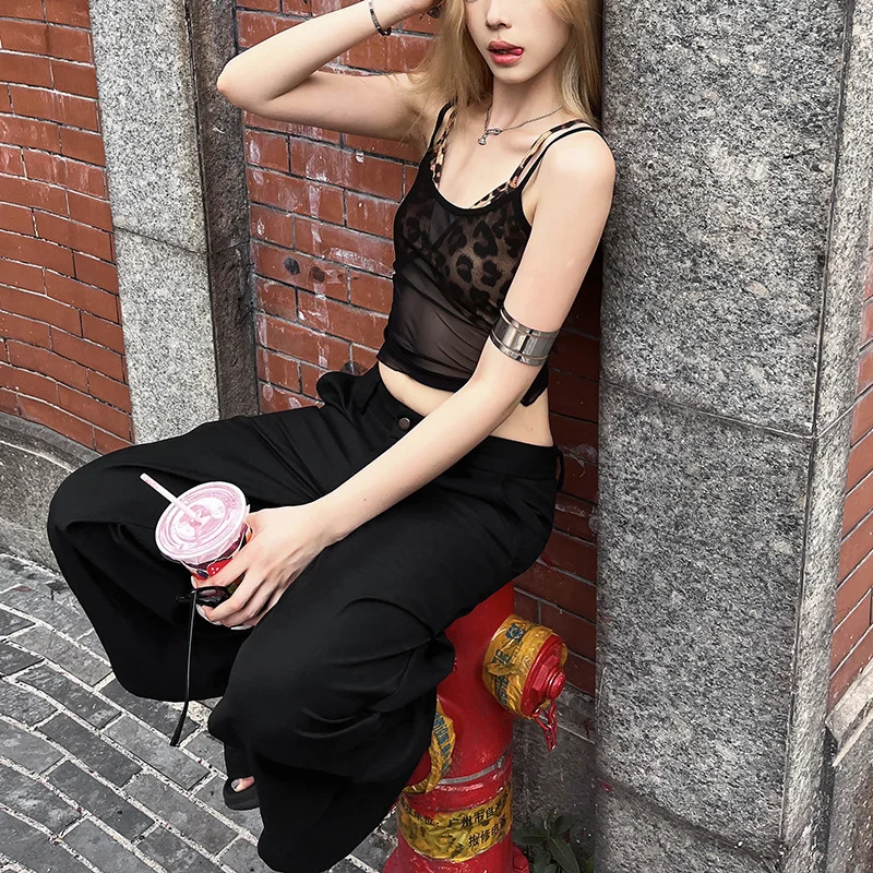 Uveng 2024 Summer New Women's Mesh Perspective Vest Leopard-Print Sling Bag Hip Skirt Suit