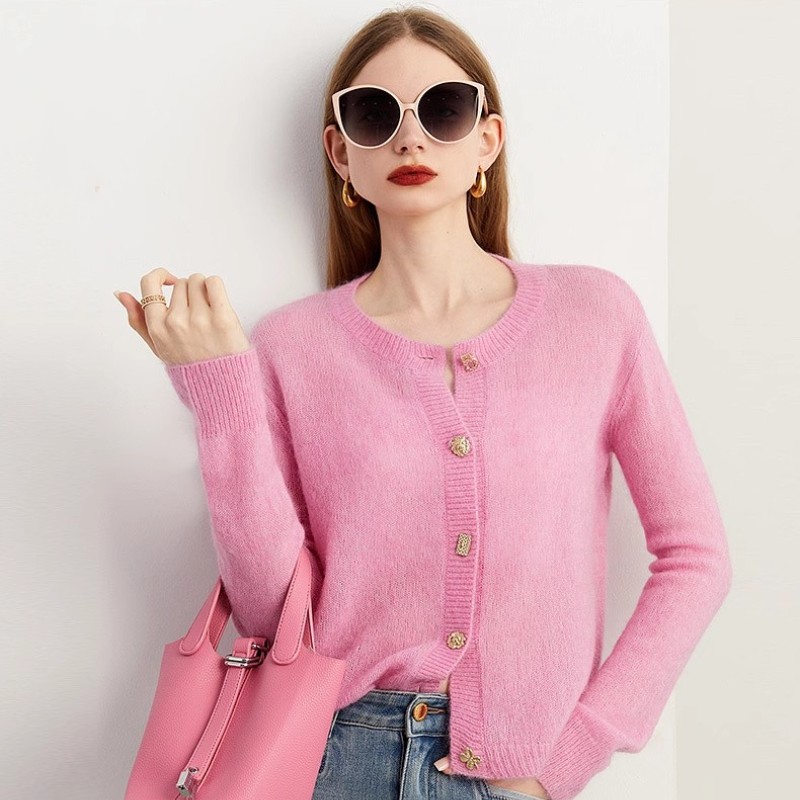 French Dyed Pink Button Knitted Cardigan For Women'S 2024 Autumn New Solid Color Temperament Long Sleeved Sweater