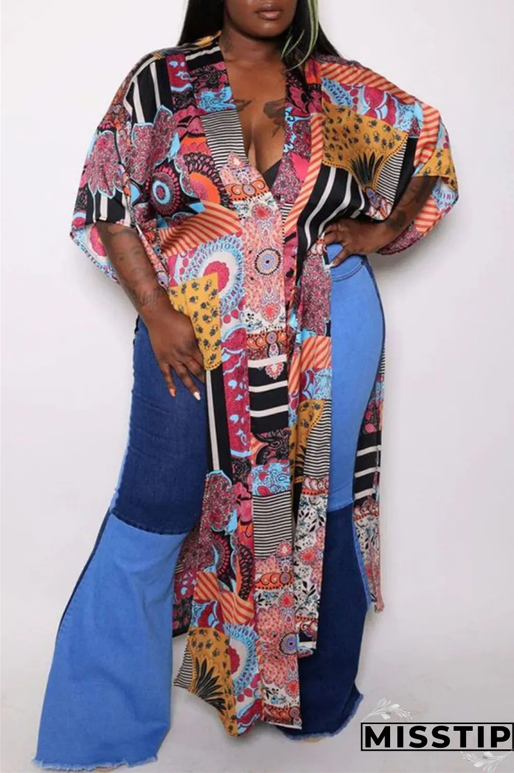 White Fashion Casual Print Slit Cardigan V Neck Plus Size Overcoat