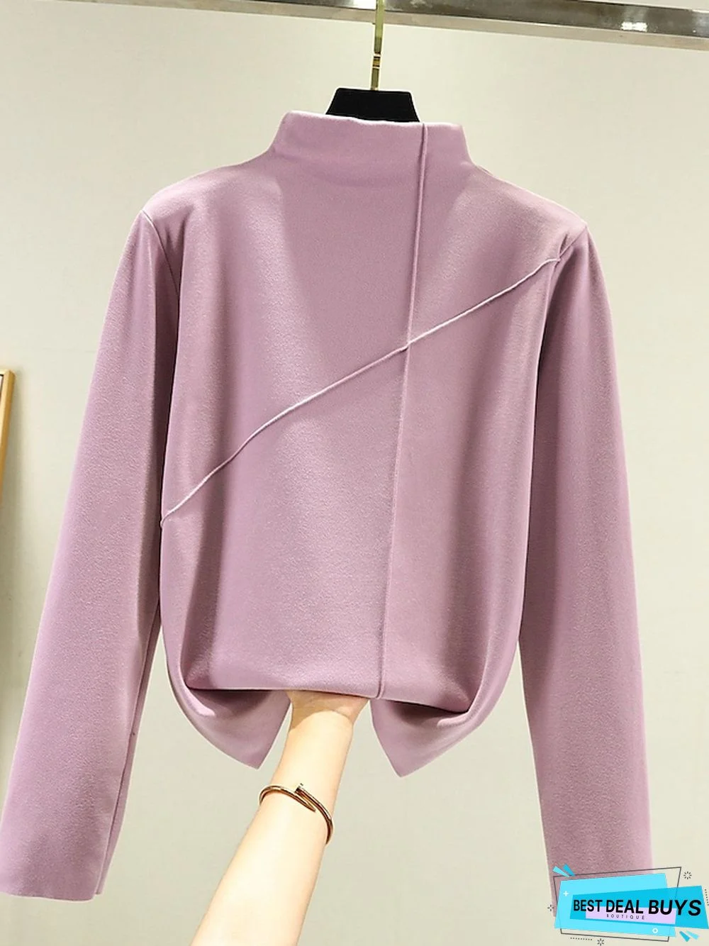 Women's T shirt Tee Light Pink dark brown A Plain Long Sleeve Daily Basic High Neck Regular Fleece lined XXL (recommended 140-160 catties)