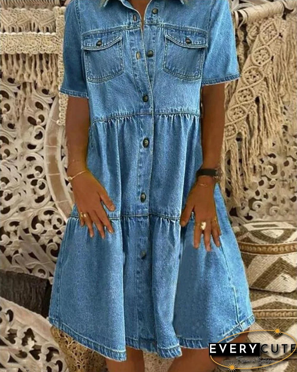 Sky Blue Denim Daily Casual Shirt Collar Short Sleeve Buttoned Pockets A-line Dresses