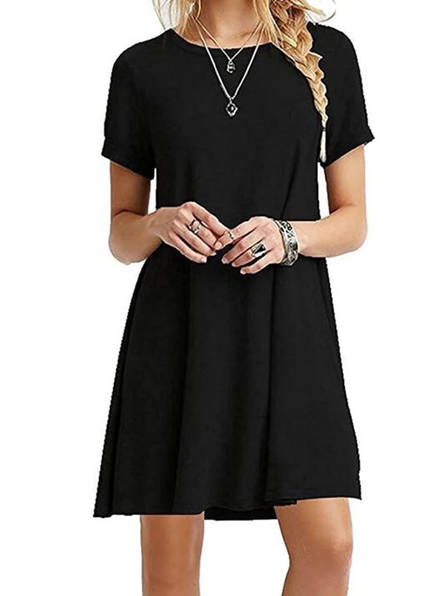 Round Neck Solid Color Short Sleeves Shift Dress