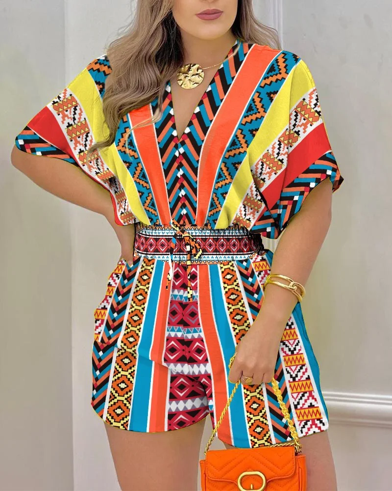 Uveng Uveng Summer New Women's Short-Sleeved V-Neck Tie With Waist Casual Shorts Jumpsuit