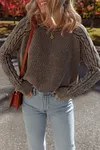 Women's Thick Dark Brown Contrast Cable Knit Sleeve Casual Sweater