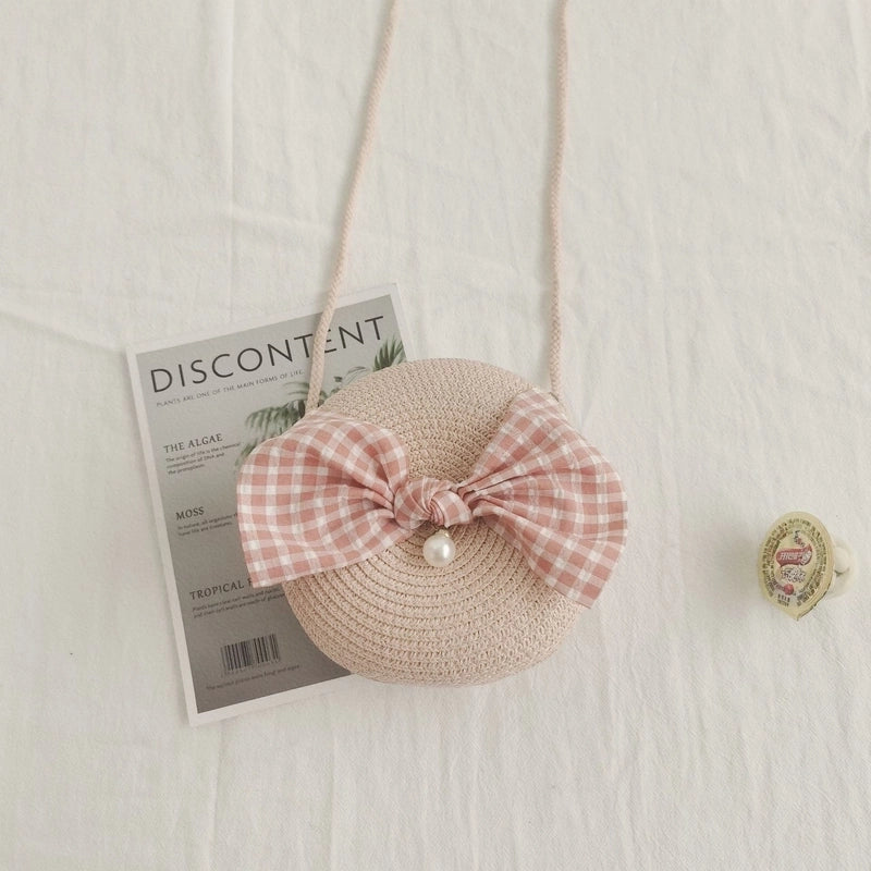 Girl’s Small Straw Flower Bow Knot Cute Round Zipper Crossbody Bag