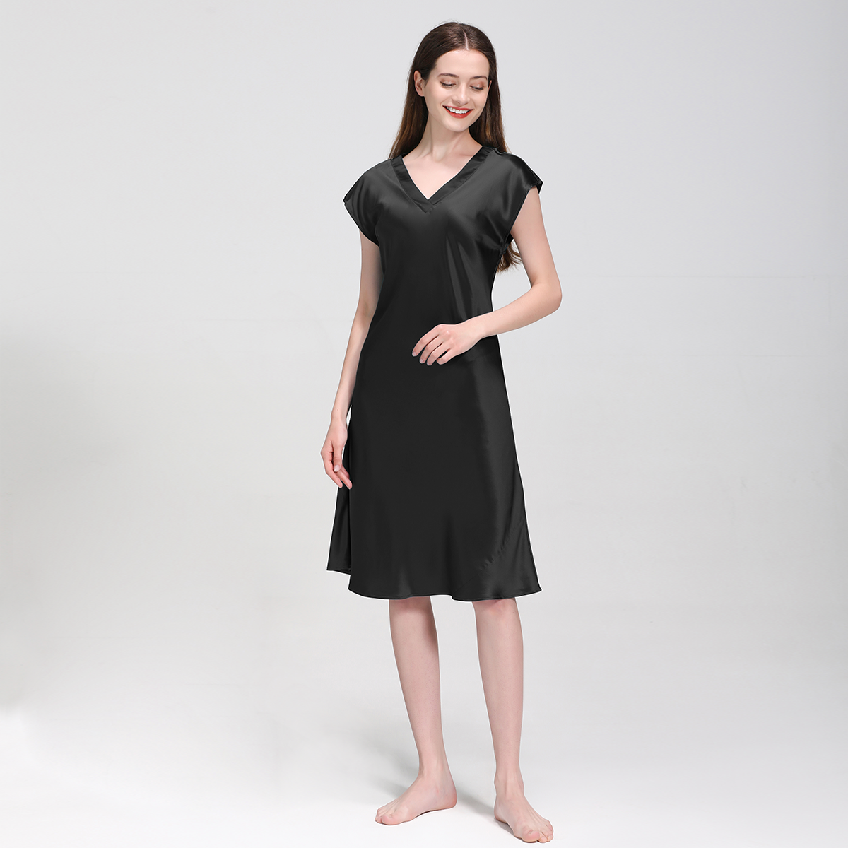 22 Momme Midi V Neck Silk Nightgown With Cap Sleeves REAL SILK LIFE