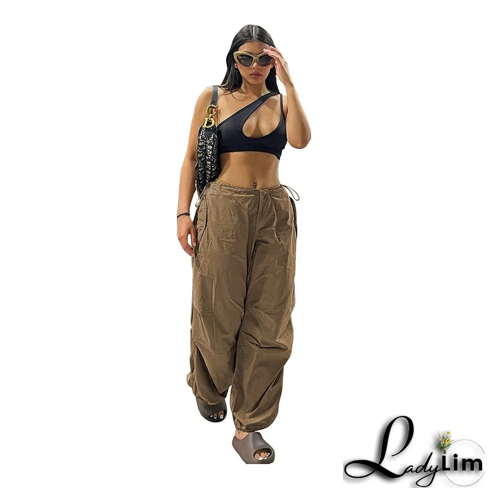 Women's Sub Autumn Winter Elastic Lace-Up Street Solid Cargo Loose Casual Pants