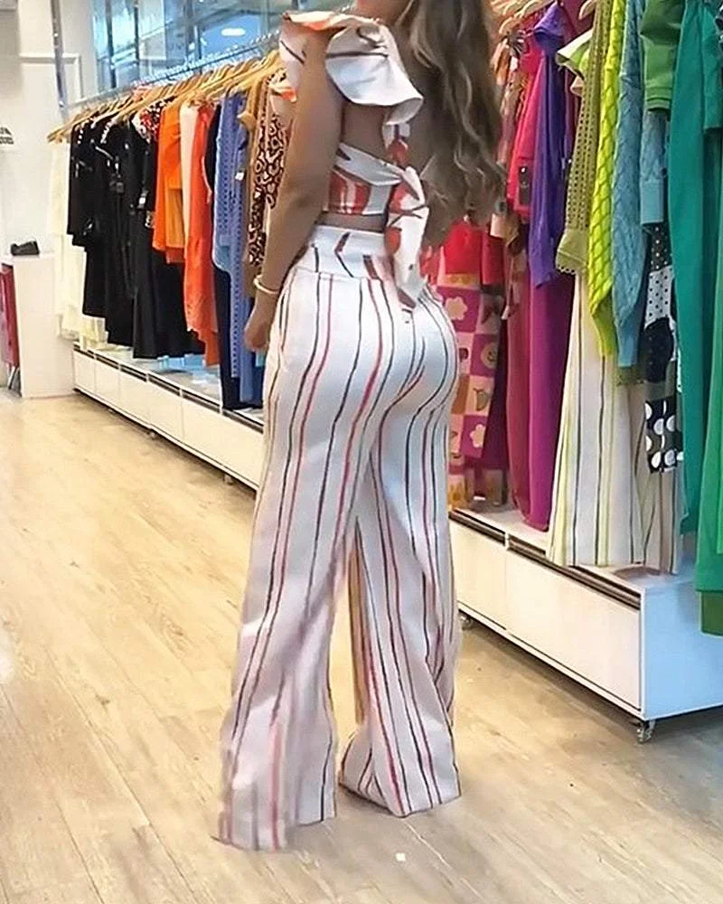 STRIPED PRINT RUFFLED TWO-PIECE SET