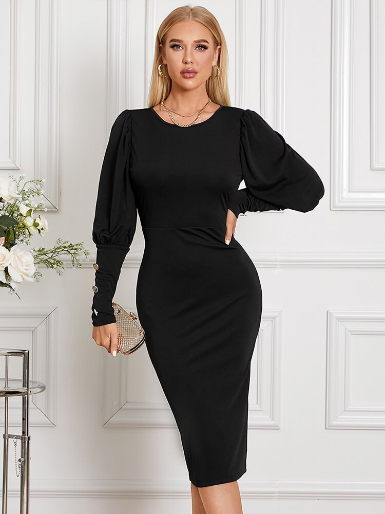 Solid Backless Button Split Gigot Sleeve Sexy Dress