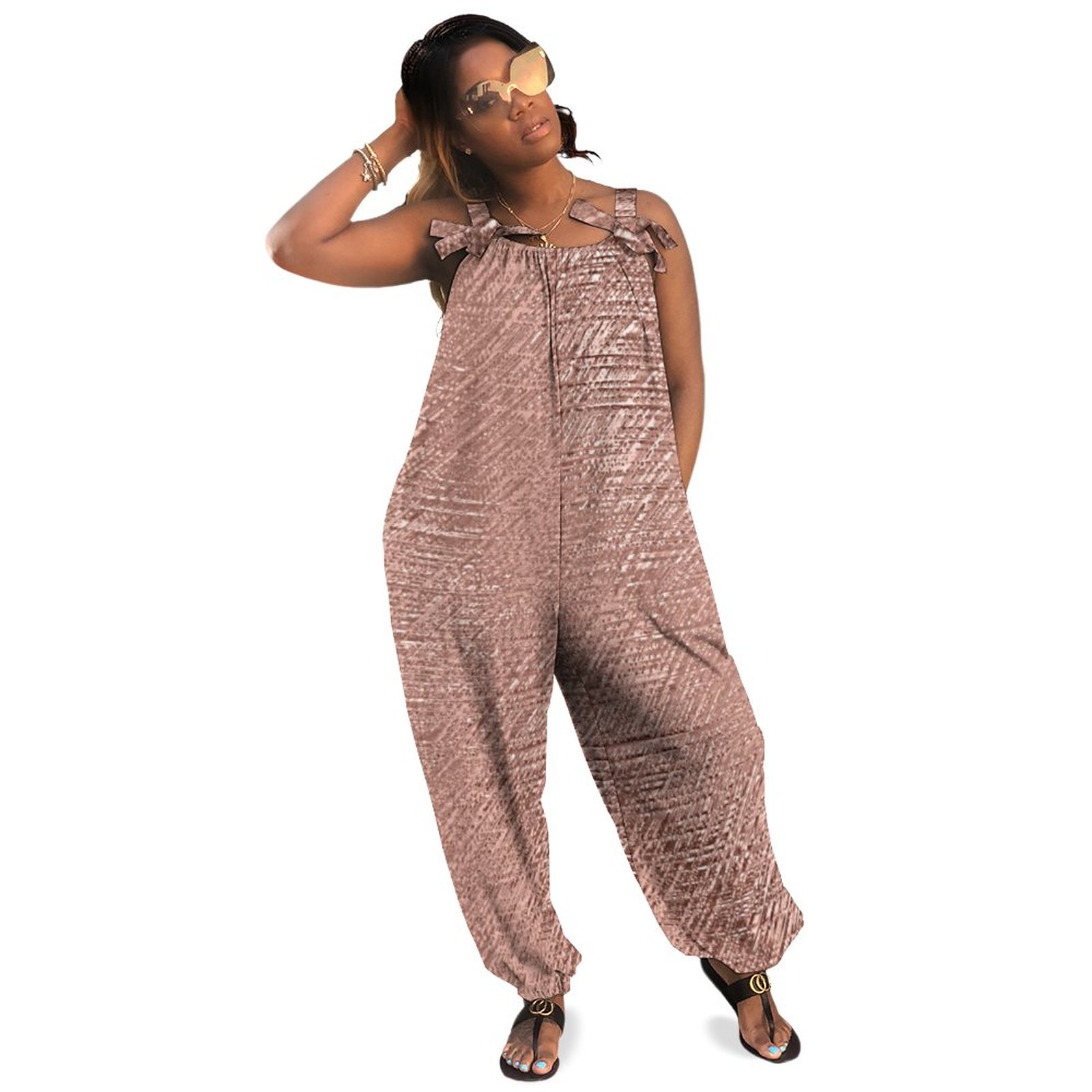 Rose Gold Faux Metallic Textured Boho Vintage Loose Overall Corset Jumpsuit Without Top