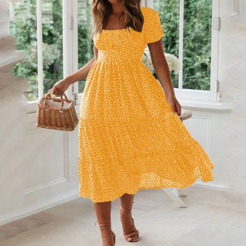 Churchf Churchf New Wish Burst Square Collar Bubble Sleeve Floral Dress Dress