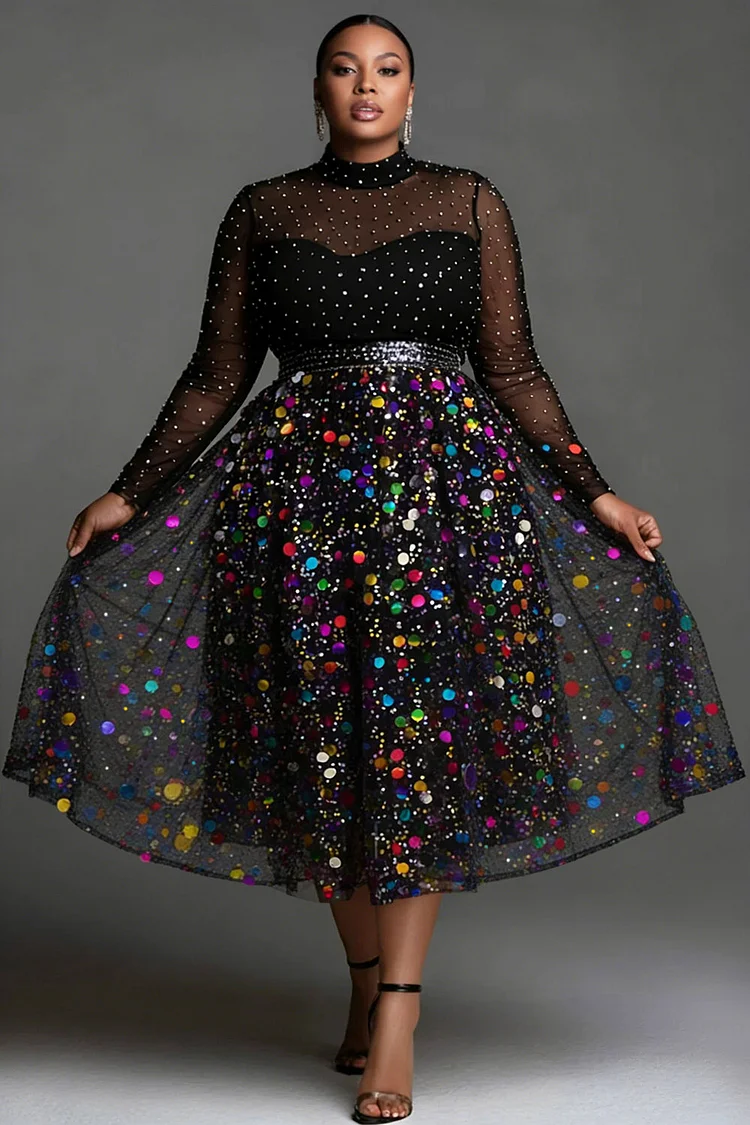 Xpluswear Design Plus Size Party Tulle Multicolor Mock Neck Long Sleeve See Through Elegant Sequin Midi Dresses 2024 - Xpluswear