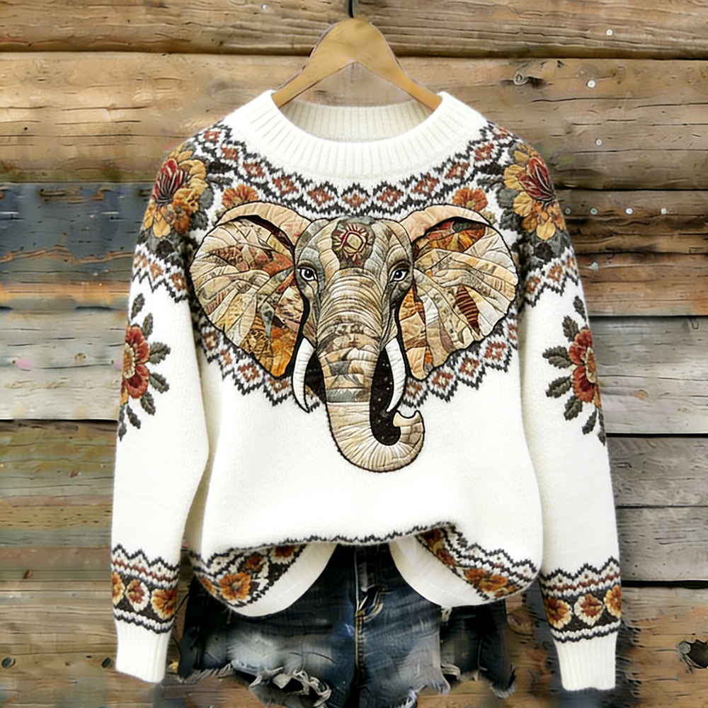 Elephant Flower Art Comfortable Round Neck Sweater wearshes