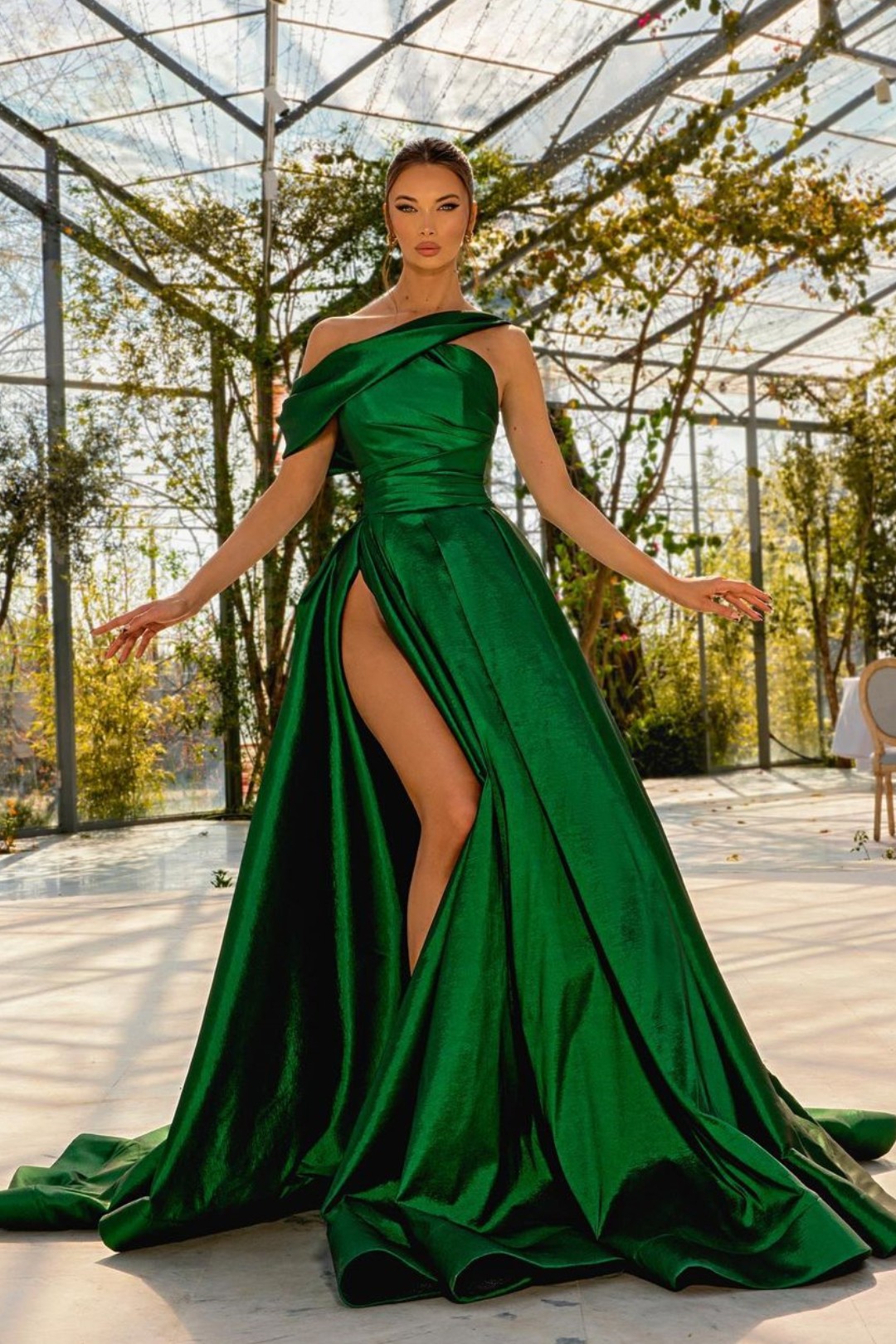 Green Prom Dress One Shoulder Satin With High Split YL0177