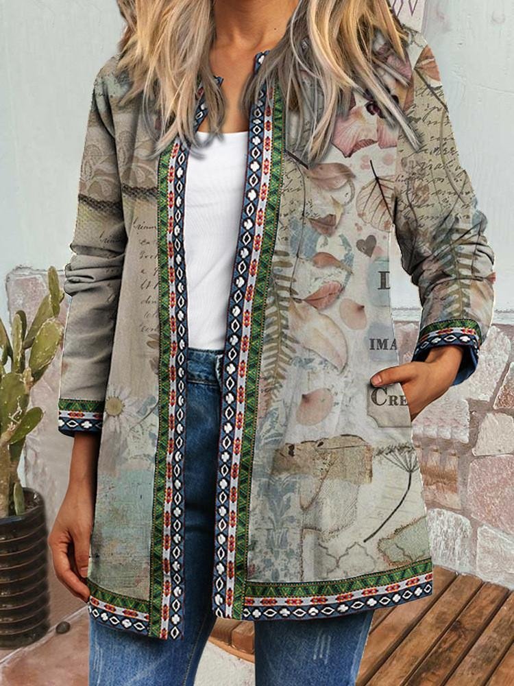 Women Long Sleeve Scoop Neck Polka Dot Geometric Stitching Coat