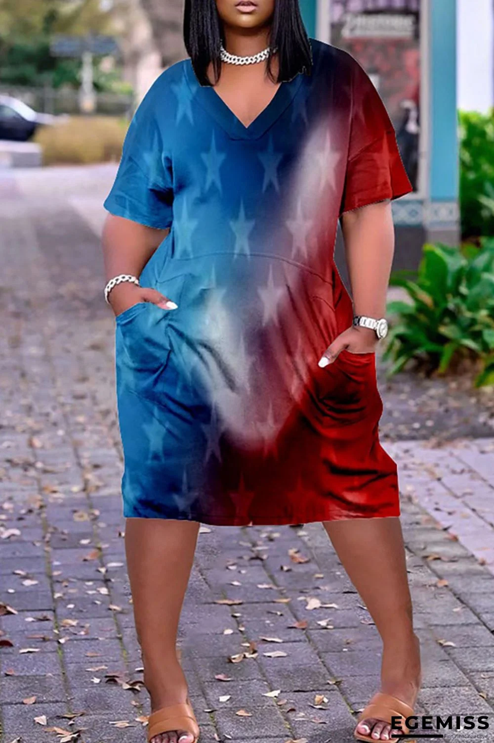 Blue Red Fashion Casual Print Tie-dye V Neck Short Sleeve Dress | EGEMISS
