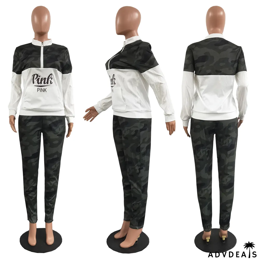 Plus Size Pink Letter Camo Print Casual 2 Piece Sets