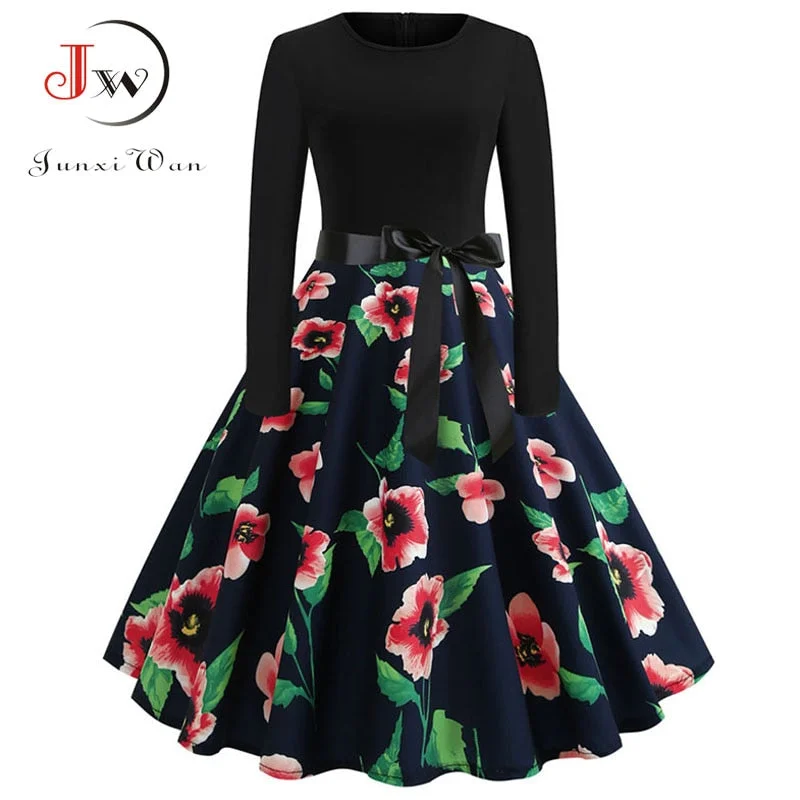 Floral Print Vintage  Women New Spring Elegant Party Long Sleeve Casual Black Patchwork Midi Dress