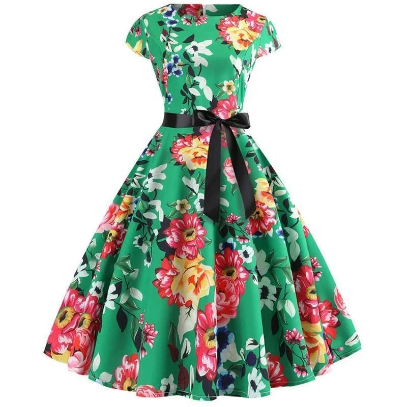 Women Vintage Summer Floral Print Short Sleeve Party Dresses