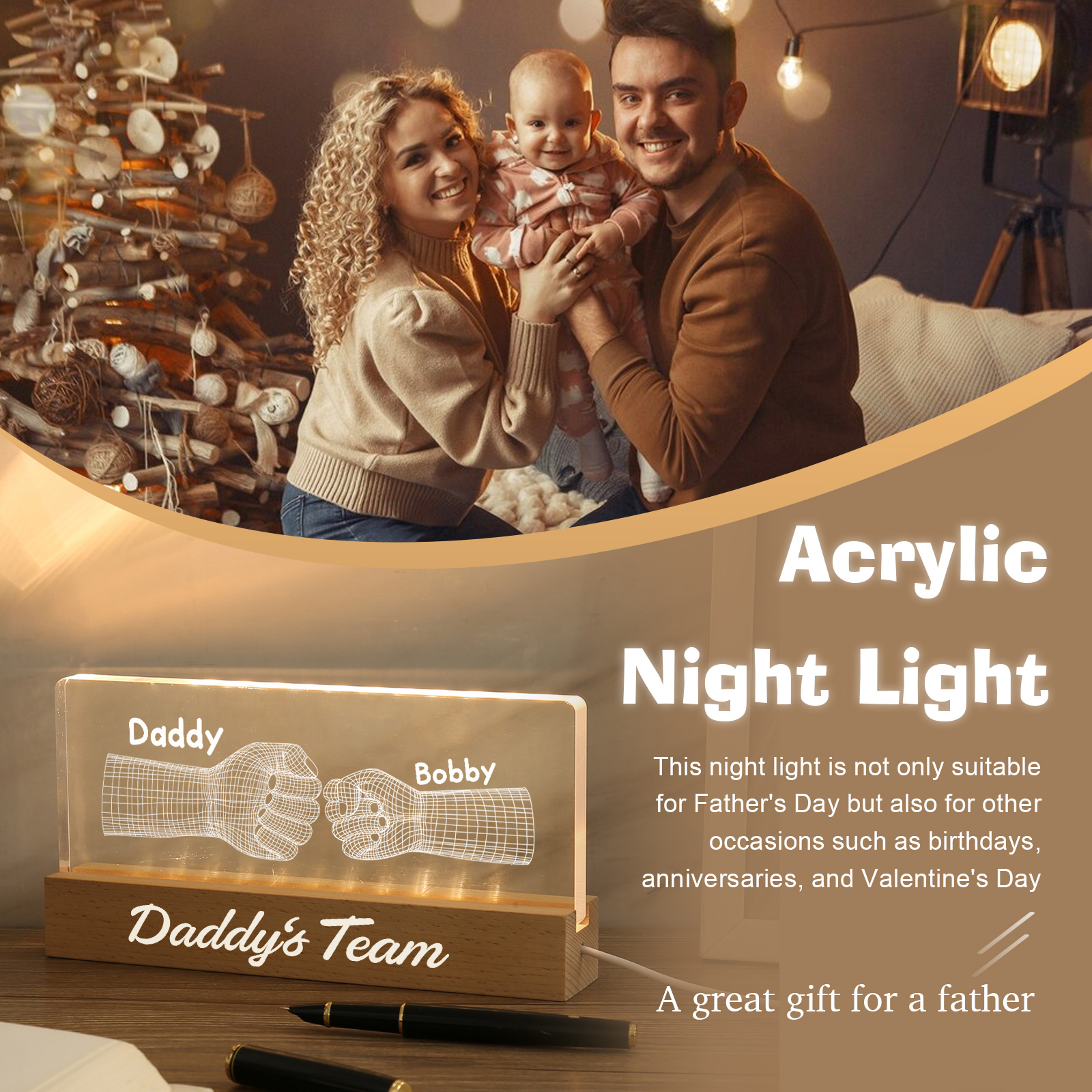 2 Names Personalised Fist Bump Pattern Night Light Custom Text LED Light Father's Day Gift for Dad