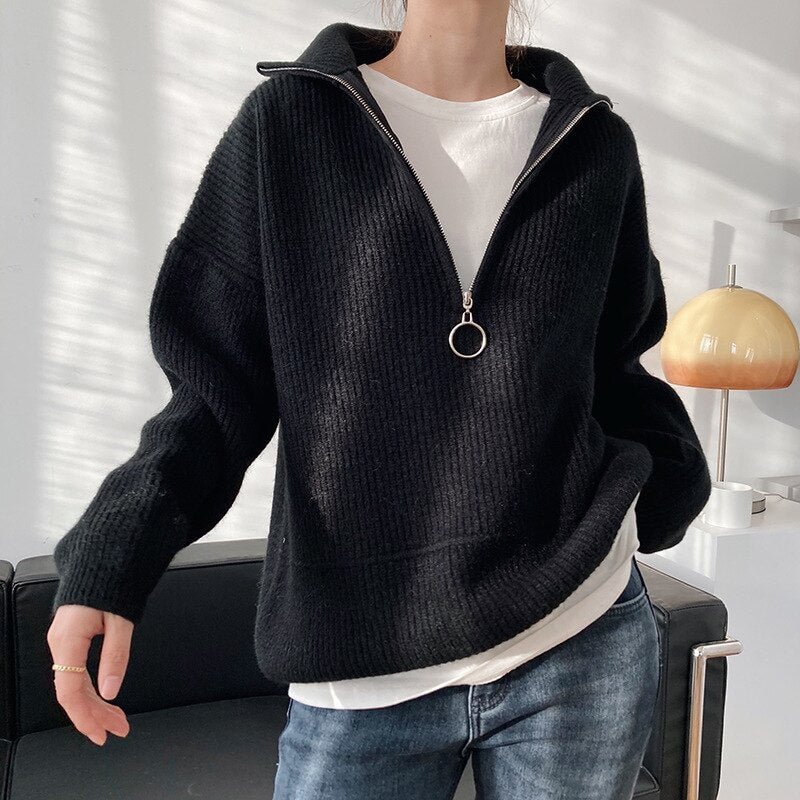 Hirsionsan Zipper Turn-down Collar Autumn Sweaters Women Cashmere Soft Loose Solid Female Knited Pullovers 2021new Thick Jumper