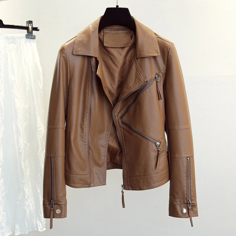 FTLZZ Spring Autumn Vintage Faux Leather Jacket Women Brown Moto Biker  Leather Coats Casual Street Wear Zipper PU Basic Outwear