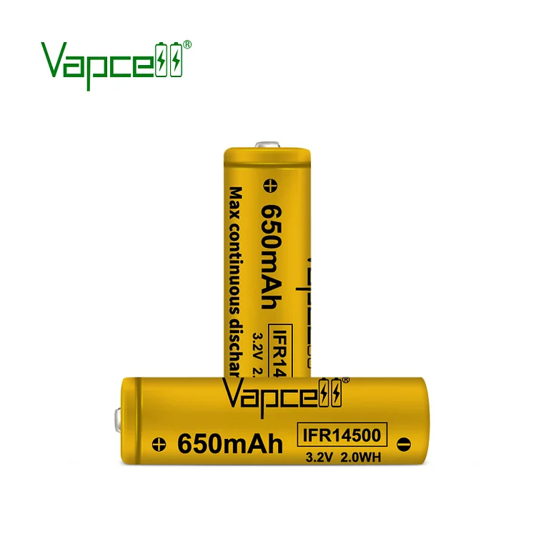 Vapcell 14500 3.2V 650mah 2A IFR14500  Flat Top Rechargeable Battery (pack of 2)