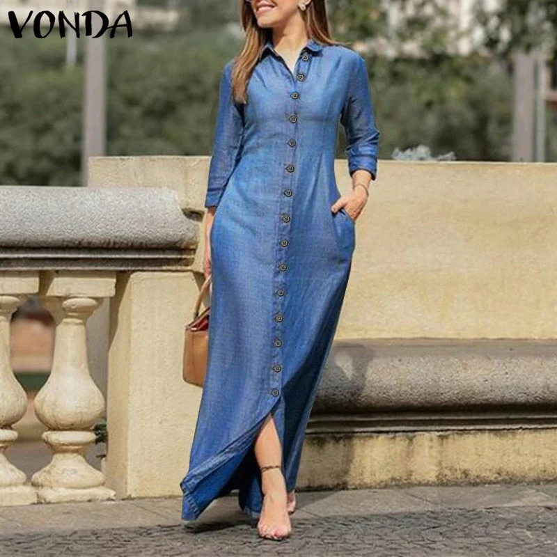 VONDA Women Long Sleeve Long Maxi Dress Summer Vintage Checked Plaid Turn Down Neck Shirt Dresses Button Up Party Vestidos Robe