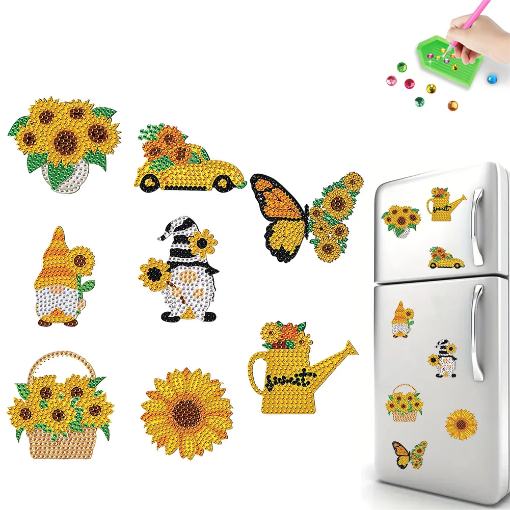 8Pcs DIY Sunflower Special Shape Diamond Painting Fridge Stickers for Home Decor