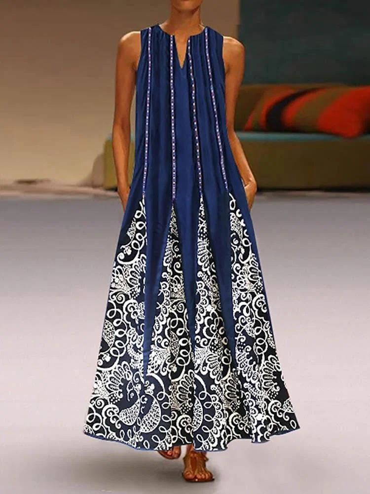 Women's V-neck Sleevesless Printed Maxi Dress