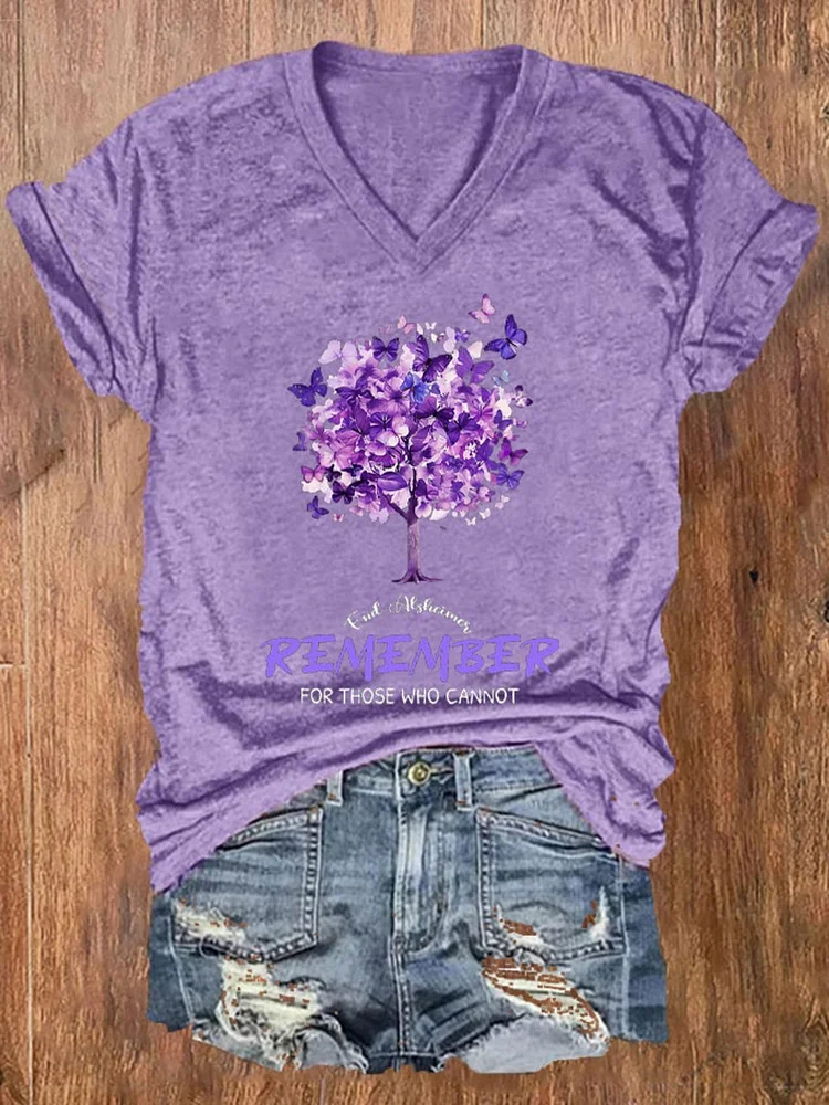 Women's Remember For Those Who Cannot Dementia Alzheimer's Disease Awareness Printed V-neck T-shirt socialshop