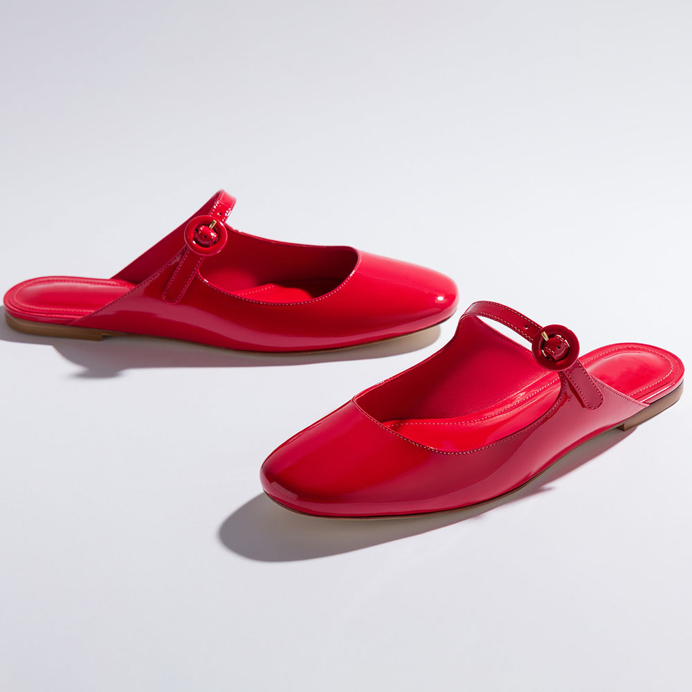Red Patent Leather Square Toe Flat Buckle Fastening Strappy Mules Nicepairs