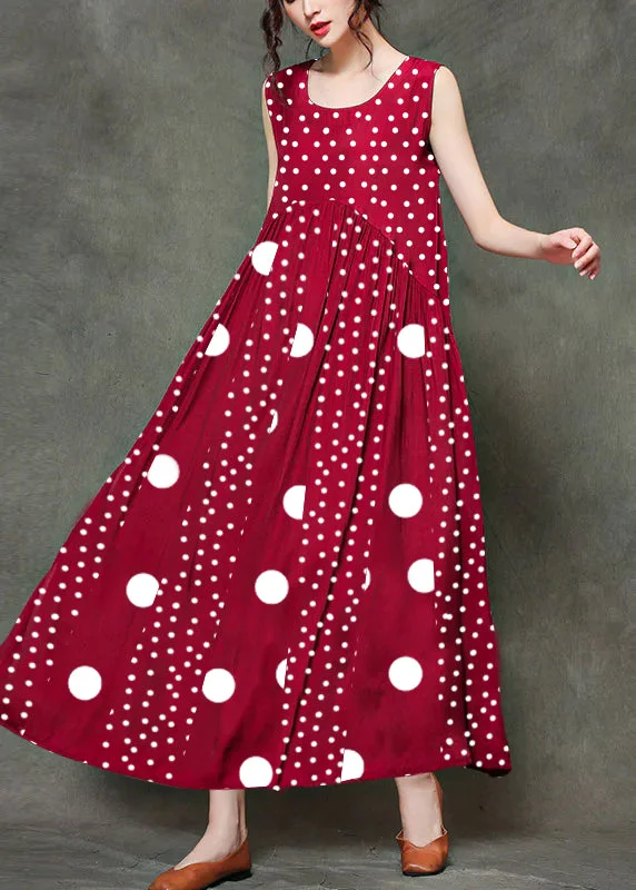 Casual Red polka dot stitching O-Neck Wrinkled Long Dresses Sleeveless