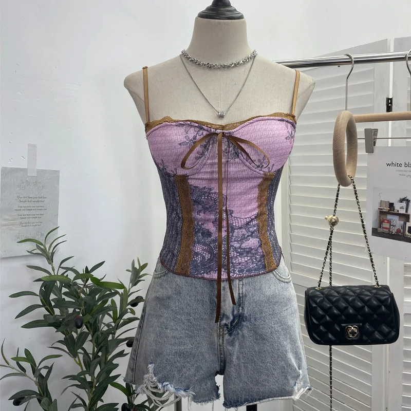 Uveng Vintage Ink Painting Niche Hottie Sling Vest With Chest Cushion Short Tie Tector-Meared Blouse Woman 8821