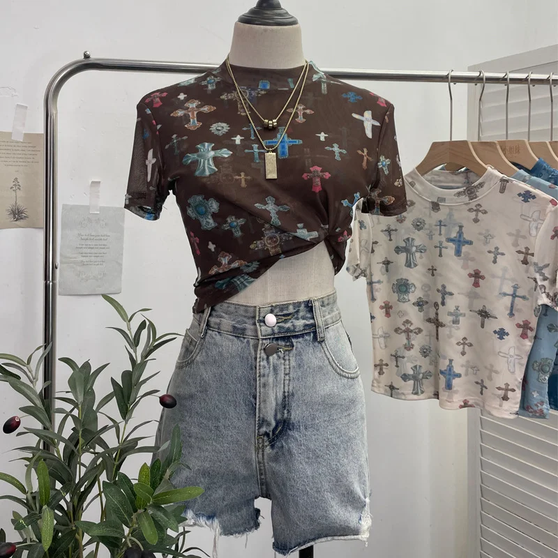 Nigikala Nigikala Shooting Retro Tie-Dye Double-Layer Mesh Half-High-Neck Short-Sleeved T-Shirt T-Shirt Short-Sleeved T-Shirted Woman 8833