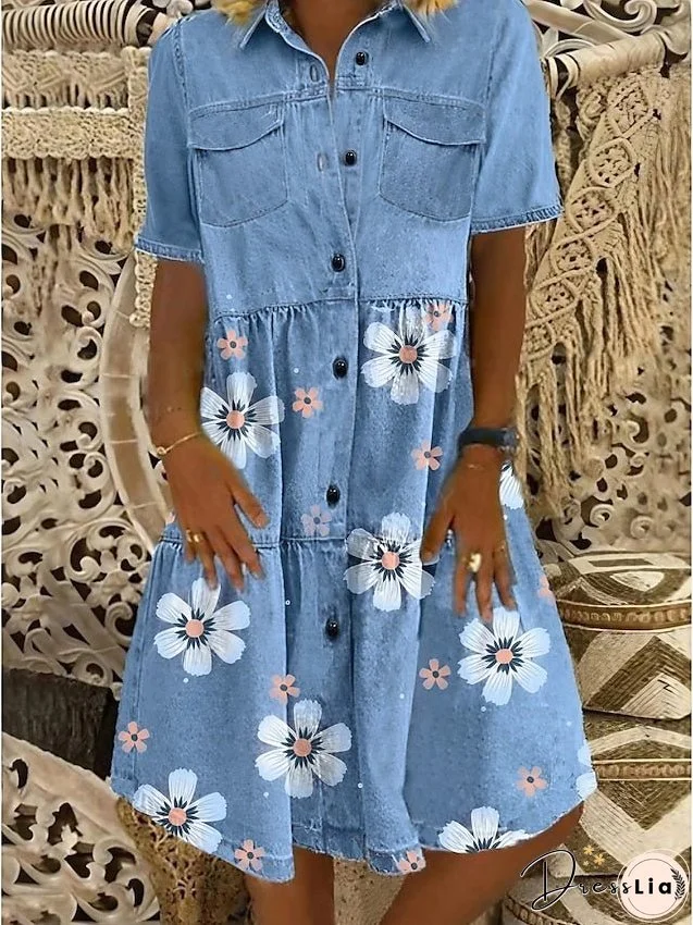 Women's Dress - Denim Shirt Dress Knee Length Dress Blue Short Sleeve Floral Pocket Button Spring Summer Shirt Collar Chic & Modern Casual M L XL XXL 3XL